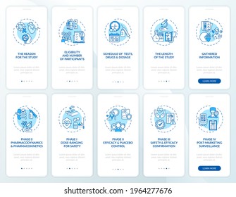 Research studies onboarding mobile app page screen with concepts set. Dose-ranging, surveillance walkthrough 5 steps graphic instructions. UI, UX, GUI vector template with linear color illustrations