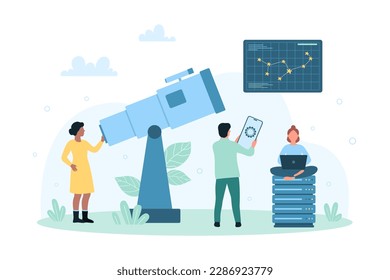 Research and study of astronomy science vector illustration. Cartoon tiny people looking with curiosity at constellation through telescope, scientific observation of starry sky by astronomers