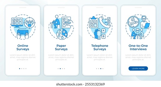 Pesquisa tipos de pesquisa tela de aplicativo móvel onboarding azul. Passo a passo 5 passos instruções gráficas editáveis com conceitos lineares. UI, UX, modelo de GUI