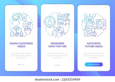 Research target audience needs blue gradient onboarding mobile app screen. Walkthrough 3 steps graphic instructions with linear concepts. UI, UX, GUI template. Myriad Pro-Bold, Regular fonts used