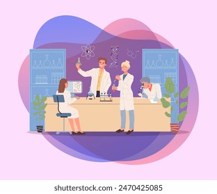 Forschungsteam arbeitet im Labor. Gruppe von Wissenschaftlern, die chemische Versuche mit flacher Vektorillustration durchführen. Biochemie, Test, Medizinkonzept für Banner, Website Design oder Landing Web
