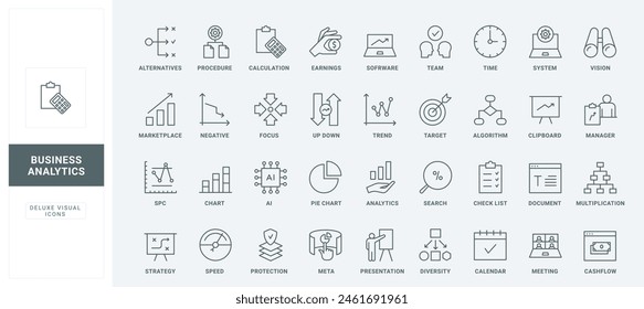 Tecnología de investigación, gestión y control de datos de analista, modelo estadístico y estrategia delgado negro y rojo contorno símbolos, Ilustración vectorial. Conjunto de iconos de línea de análisis y análisis de datos empresariales