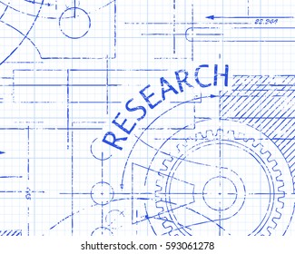 Research text with gear wheels hand drawn on graph paper technical drawing background
