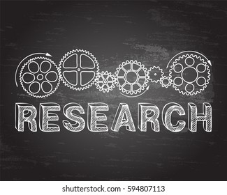 Research text with gear wheels hand drawn on blackboard background
