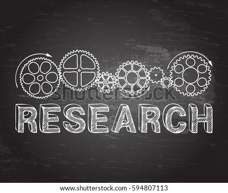Research text with gear wheels hand drawn on blackboard background
