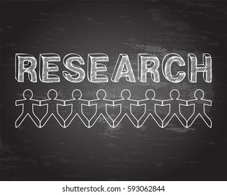 Research text hand drawn with paper people on blackboard background
