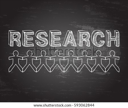 Research text hand drawn with paper people on blackboard background