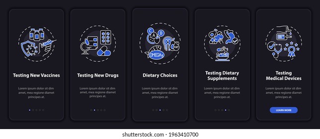 Research types onboarding mobile app page screen with concepts. Vaccines, supplements testing walkthrough 5 steps graphic instructions. UI, UX, GUI vector template with linear night mode illustrations