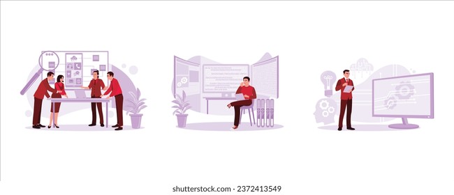 Research user-friendly UI design. Developers think about coding. Mobile app developer working. APP devs concept. Set Trend Modern vector flat illustration