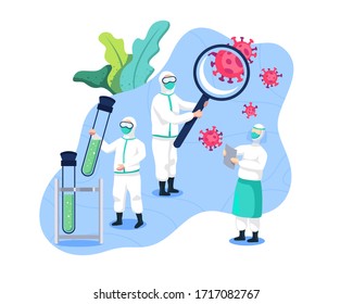 Research of vaccines and cures coronavirus. Medical team and scientists research Covid 19. Scientists and researchers are looking for vaccines and cures for the corona virus.Vector in flat style