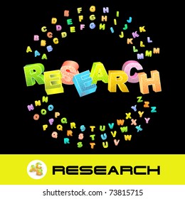 RESEARCH. Vector 3d illustration with colored alphabet.