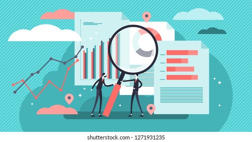 Research vector illustration. Flat mini persons concept with diagram analyze process. Coworkers study business information graphic and educational data to make new solution project or knowledge report