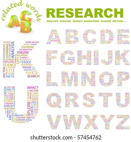 RESEARCH. Vector letter collection. Illustration with different association terms.
