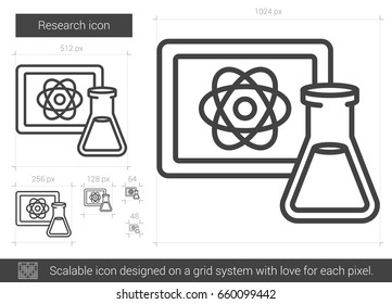 Icono de línea vectorial de investigación aislado en fondo blanco. Icono de línea de investigación para infografía, sitio web o aplicación. Icono escalable diseñado en un sistema de cuadrícula.