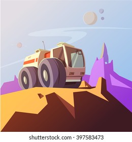 Research vehicle cartoon background with planet exploration symbols vector illustration 
