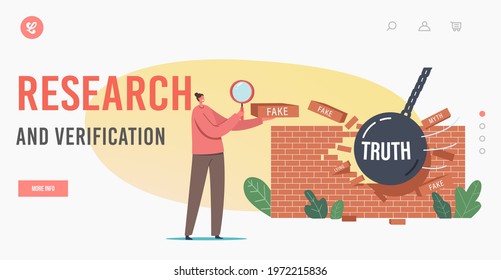 Research and Verification Landing Page Template. Myths and Facts Information. Female Character with Magnifying Glass Looking on Broken Wall Made of Fake News Bricks. Cartoon Vector Illustration