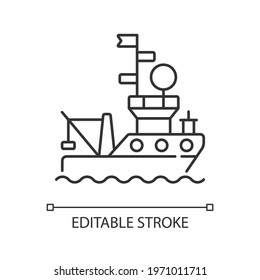 Research vessel linear icon. Ship or boat designed and equipped to carry out research at sea. Thin line customizable illustration. Contour symbol. Vector isolated outline drawing. Editable stroke