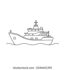 Ilustración vectorial plana de arte de línea continua aislada del transporte del buque de investigación sobre fondo blanco.