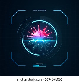 Research Virus bacteria, vector low poly vector illustration. Search for a vaccine against the virus laboratory researching HUD futuristic interface. Finding microbes on blue background design element