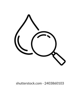Lineares Symbol für Wasserqualität recherchieren. Gläser mit Tropfwasserlinie Piktogramm. Labormikrobiologie auf Bakterien. Analysemethode von Liquid. Bearbeitbarer Strich. Vektorgrafik.