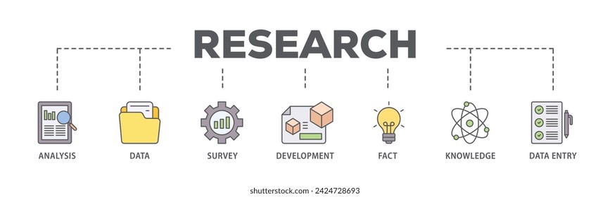 Research web banner icon vector illustration concept consists of analysis, data, survey, development, fact, knowledge and data entry icon live stroke and easy to edit