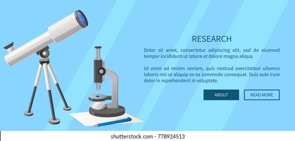 Research web banner with modern refractor telescope with steel tripod and microscope with small purple object on stage isolated vector illustrations