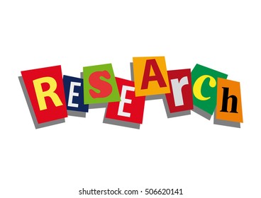 research, word and text cut from paper, in flat design