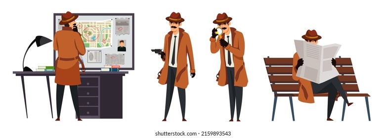 Research and work of detective character set vector illustration. Cartoon man in trench holding loupe to investigate crime, find evidences, spy agent sitting on bench with newspaper isolated on white