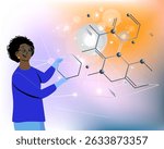 Research work. Female scientist African American black. Molecules, viruses, vaccines, biotechnology, genetic research. Medical researcher concept