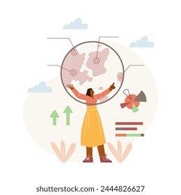 Researcher analyzing global population trends. Vector illustration for presentations and educational content on demographics and diversity.