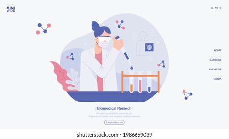 A Researcher Is Conducting Research By Putting Reagents Into Test Tubes In A Laboratory. Web Page Concept Template Design.