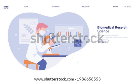 A researcher is doing research while looking through a microscope in a laboratory. Web page concept template design.
