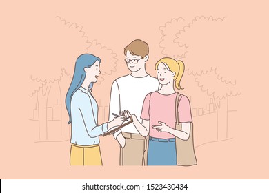 Researcher doing sociological survey, poll cartoon concept. Woman studying public opinion, communicating with young couple in park, writing citizens answers in questionnaire. Simple flat vector