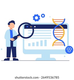 Um pesquisador examina a informação de DNA em uma tela digital, destacando inovação, tecnologia e análise científica.