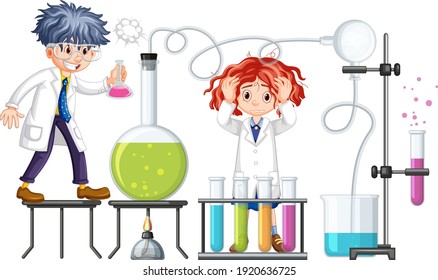 Researcher experiment with chemical items illustration