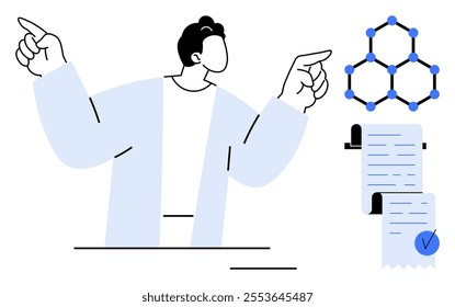 A researcher gestures towards a molecular structure and document with a checklist. Ideal for science education presentations, research papers, academic explanations, scientific documentation