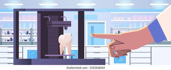 researcher hand pointing tooth model printed on 3d bio printer medical printing of human transplantation organ