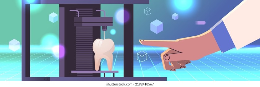 researcher hand pointing tooth model printed on 3d bio printer medical printing of human transplantation organ