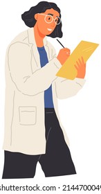 Researcher holding papers document clipboard. Scientist writing on sheet of paper. Female character or chemistry student isolated on white background. Research into scientific project concept