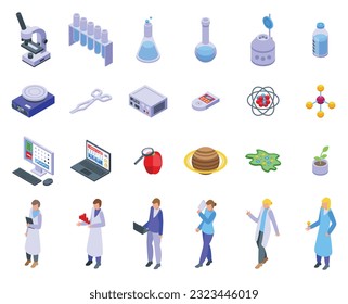 Researcher-Symbole setzen isometrische Vektorgrafik. Datenlösung. Berichterstattung über Wissenschaft