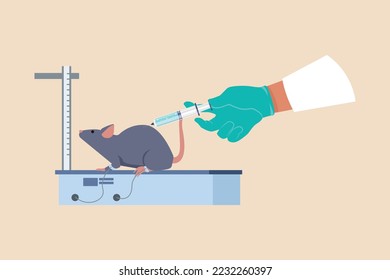 Investigador inyectando químicos a ratones. Concepto de actividad científica en laboratorio. Ilustraciones vectoriales planas aisladas en fondo blanco.