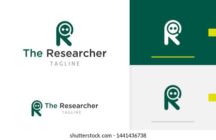 The Researcher logo design concept, R letter logo design, research icon design, R with magnifier silhouette design