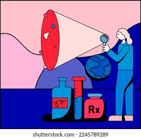 Researcher with a magnifying glass. Minimal flat style illustration in cute pastel colors.