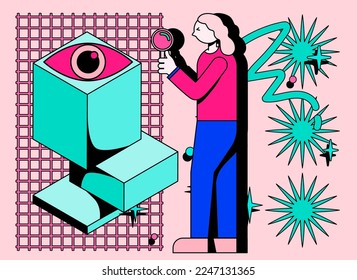 Researcher with a magnifying glass. Minimal flat style illustration in cute pastel colors.