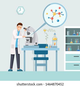 Researcher with microscope vector illustration. Cartoon male scientist studying test results, molecule structure in microscope. Pharmacologist analyzing bacteria, virus structure using lab equipment