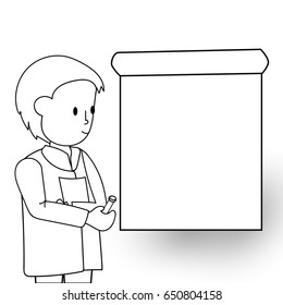 Researcher presenting on a flip chart Sketch black and white
