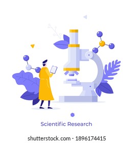 Researcher Or Scientist In Lab Coat Looking At Microscope And Molecules. Concept Of Science, Scientific Research, Biology Laboratory Experiment. Modern Flat Vector Illustration For Poster, Banner.