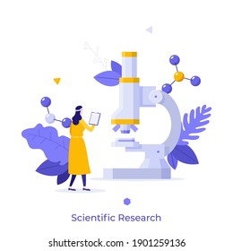 Researcher Or Scientist In Lab Coat Looking At Microscope And Molecules. Concept Of Science, Scientific Research, Biology Laboratory Experiment. Modern Flat Vector Illustration For Poster, Banner.