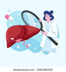 Researcher studying liver tissue. Consulting Doctor. Medical Scientist. Gastroenterology Hepatology. Flat Vector Illustration.
