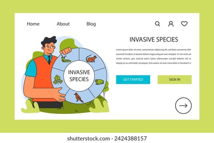 Researcher with a wheel of various invasive species web banner or landing page. Organism impacting natural habitats. Biodiversity disruption. Ecosystem's balance threat. Flat vector illustration